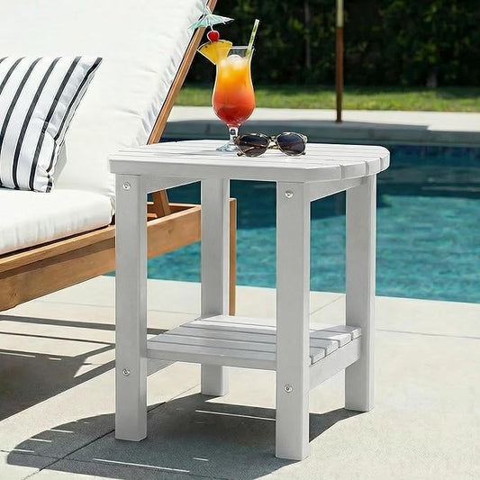 PASAMIC 2-Tier Adirondack Oval Outdoor Side Table, HDPE Small Outdoor Table, Patio End Table for Patio, Backyard, Weather-Resistant (White)