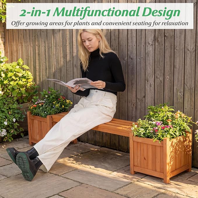 HAPPYGRILL 2-in-1 Outdoor Bench with 2 Raised Garden Beds, 2 Person Patio Bench with Teak Oil Finish, Open-Ended Base, Wooden Garden Bench for Flowerpots, Indoor Patio Yard Porch Decoration (1)