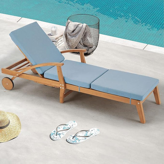 HOMREST Wood Chaise Lounge Recliner, 83x23in Patio Chaise Lounger Recliner with Slide-Out Side Table & Cup Holder, Foam-Padded Cushion, Adjustable Backrest, Wheels(Blue)