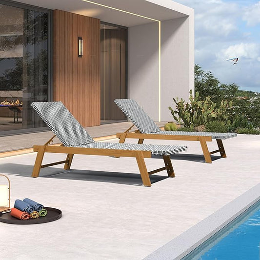 PURPLE LEAF Extra Large Patio Chaise Lounge 2 Pieces French Outdoor Wicker Lounger Matte Teak Aluminum Frame 771LBS Capacity PE Rattan Adjustable Backrest for Pool Garden Beach Backyard Black