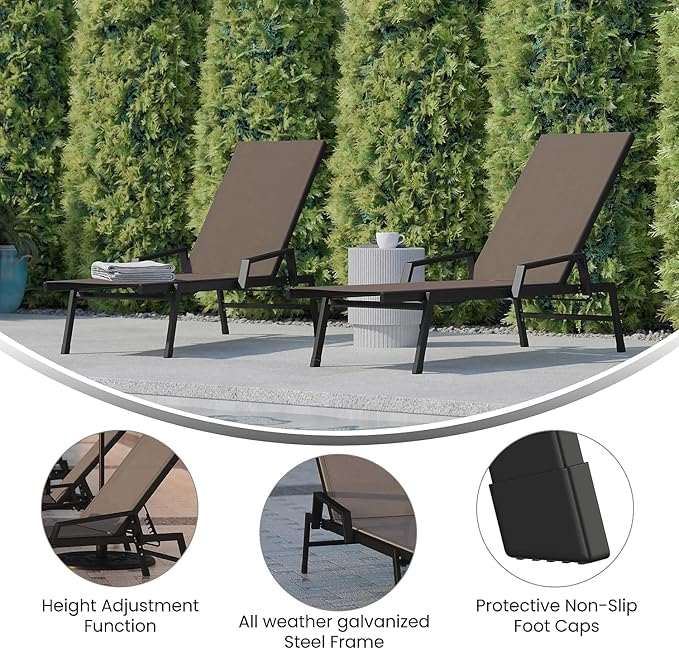 Flash Furniture Brazos Set of 2 Adjustable Chaise Lounge Chairs with Arms, All-Weather Outdoor Five-Position Recliners - Photo 5