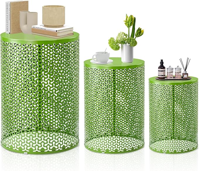 Outvita Outdoor Nesting Tables Set of 3, Heavy Duty Metal Frame Accent Modern End Table, Portable Side Table for Indoor, Outdoor, Living Room, Clover Pattern - Green
