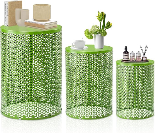 Outvita Outdoor Nesting Tables Set of 3, Heavy Duty Metal Frame Accent Modern End Table, Portable Side Table for Indoor, Outdoor, Living Room, Clover Pattern - Green