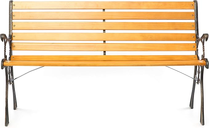 Gardenised Wooden Outdoor Park Patio Garden Yard Bench with Designed Steel Armrest and Legs, Black