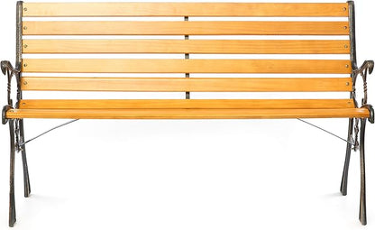 Gardenised Wooden Outdoor Park Patio Garden Yard Bench with Designed Steel Armrest and Legs, Black
