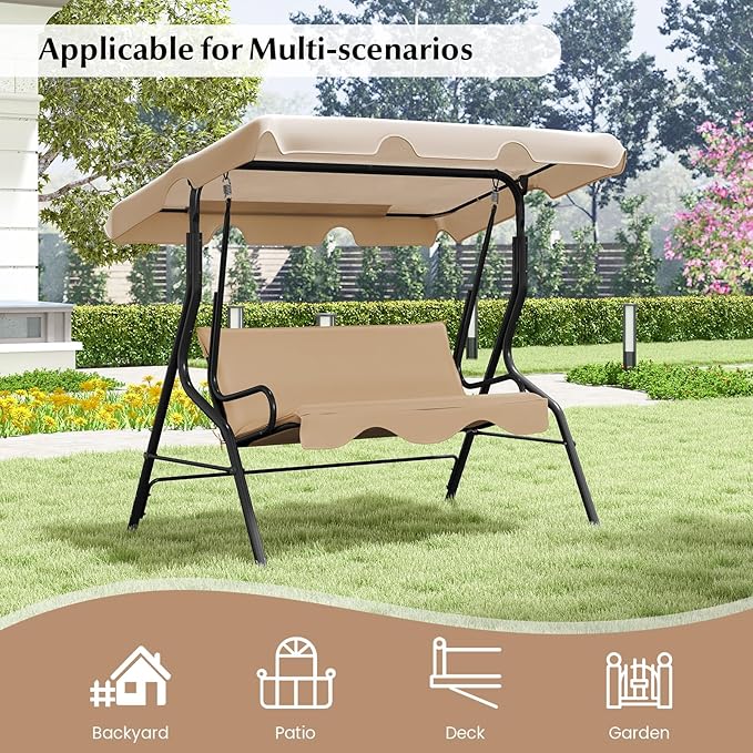 RELAX4LIFE 3-Person Porch Swing Chair - Outdoor Swing w/Adjustable Canopy, Removable Cushion & Metal Frame Stand - Photo 9