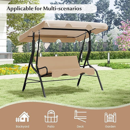 RELAX4LIFE 3-Person Porch Swing Chair - Outdoor Swing w/Adjustable Canopy, Removable Cushion & Metal Frame Stand, 3 Seat Swing Bench for Backyard Garden Poolside, Patio Swing for Adults (Beige)