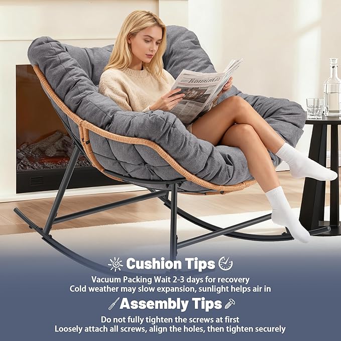 Outdoor Rocking Chair, Oversized Papasan Reading Chair Indoor with Thick Cushion, Comfy Rattan Rocker Egg Chair for Patio, Garden, Balcony, Lawn, Backyard, Bedroom, up to 450lbs, Dark Gray