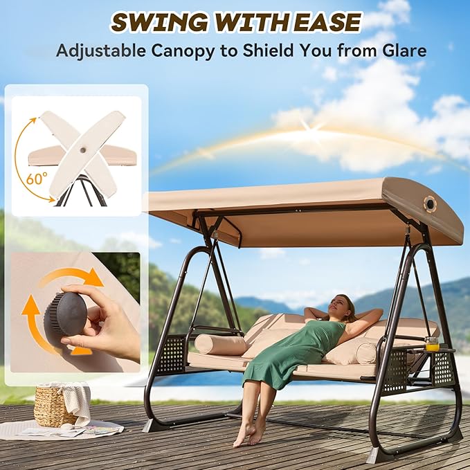 3 in 1 Outdoor Porch Swing with Adjustable Canopy, 3 Seat Outdoor Swing for Adults - Photo 4