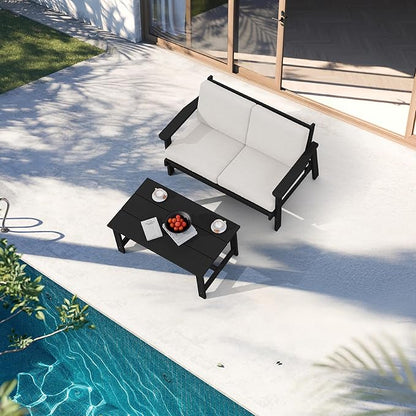 SERWALL Outdoor Loveseat, Black Frame and Khaki Cushion