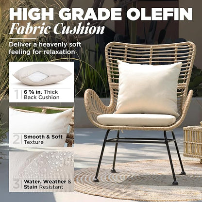 IDZO Isabelle Wicker Chairs Set of 2, 2000 Hours UV Wicker Rattan Chair, 500lbs Capacity Boho Patio Chairs with Thick Olefin Cushions and Pillows for Patio, Indoor Use