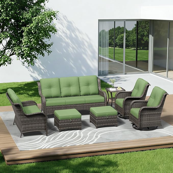 7 Piece Outdoor Wicker Patio Furniture Set, Outdoor Swivel Rocker Patio Chairs Set with Thickened Olefin Cushions - Photo 1