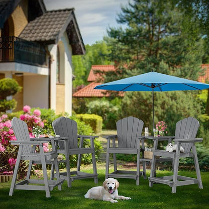 Tall Adirondack Chair Set of 4 with Double Connecting Tray, Recycled HDPE with Wood Grain, Weather Resistant, Outdoor Adirondack Chairs for Deck, Balcony, Patio, Backyard, Light Grey