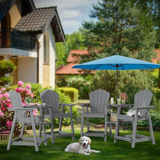 Tall Adirondack Chair Set of 4 with Double Connecting Tray, Recycled HDPE with Wood Grain, Weather Resistant, Outdoor Adirondack Chairs for Deck, Balcony, Patio, Backyard, Light Grey