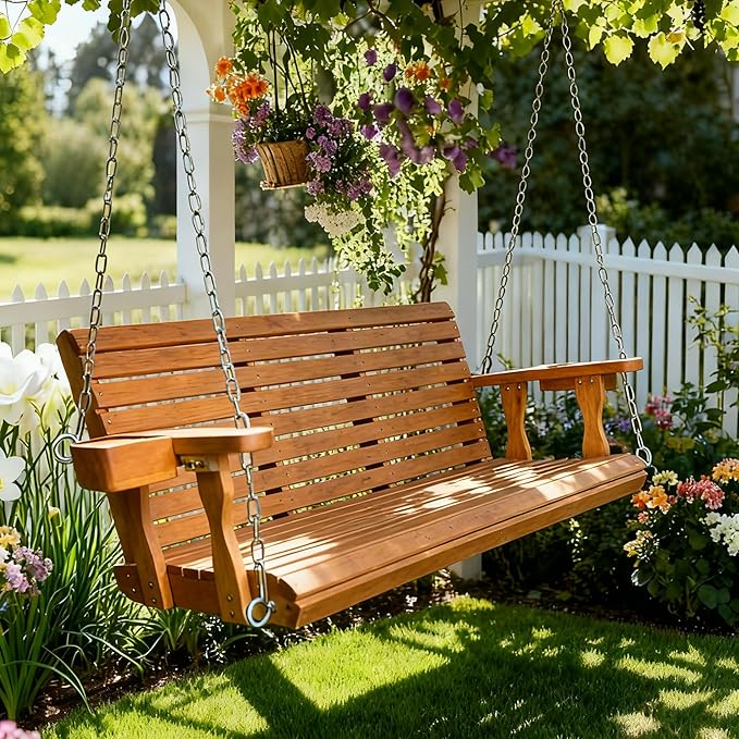 Wooden Porch Swing 3-Seater, Bench Swing with Cupholders, Hanging Chains and 7mm Springs, Heavy Duty 800 LBS - Photo 2