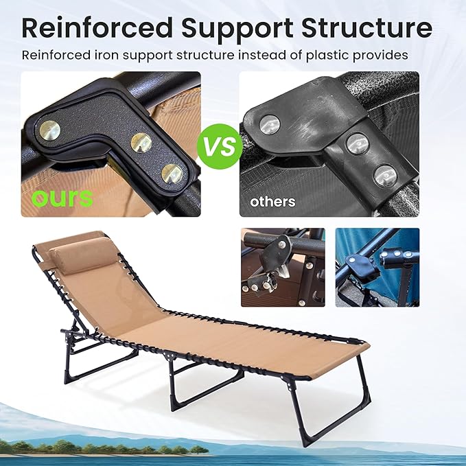 2 Pack Folding Chaise Lounge Chair 5-Position Adjustable Outdoor Recliner 400LB Capacity Portable Patio Camping Beach - Photo 5