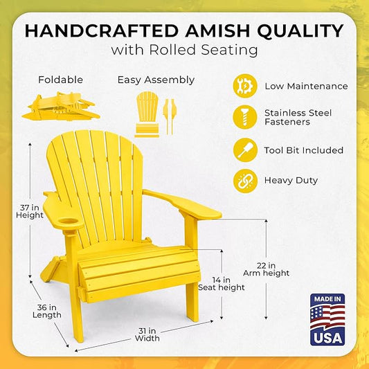 Ecommersify Folding Adirondack Chair with Cup Holder - (Yellow) - Heavy Duty Recycled Poly Lumber Folding Chair - Amish Crafted Outdoor Furniture - Made in USA