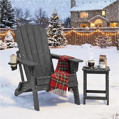 Folding Adirondack Chair with Cup Holder, HDPE All Weather Resistant Plastic Outdoor Patio Chairs, Heavy Duty Fire Pit Seating for Backyard Lawn Garden, Wooden Textured Design(Grey)