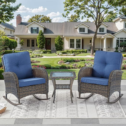 Outdoor Rocking Chairs Set of 2-Patio Table and Chairs Set Outdoor Conversation Furniture Sets for Deck Porch Garden Balcony Poolside-Brown/Blue
