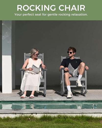 Oversized Rocking Chair Outdoor, High Back Porch Rocker Chair, HDPE All Weather Resistant Rocking Chairs for Patio, 380lbs Weight Capacity, Grey
