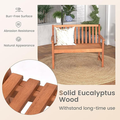Giantex Outdoor Bench, Wood Patio Bench with Cozy Armrests & Backrest, Slatted Sitting Area, Eucalyptus Wood Frame, 2-Person Loveseat for Park, Porch, Yard, 800 lbs Max Load, Garden Bench (Eucalyptus)