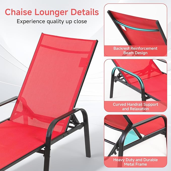 Simple Delxue Folding Chaise Lounge Chair with 5 Reclining Positions, Beach Recliner Chair with Armrests - Photo 5