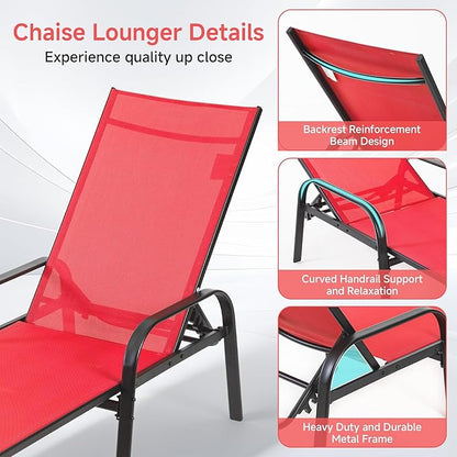 Simple Delxue Folding Chaise Lounge Chair with 5 Reclining Positions, Beach Recliner Chair with Armrests, Textilene Fabric & Steel Frame, Outdoor Patio Poolside Seating, 350 LBS Capacity, Red