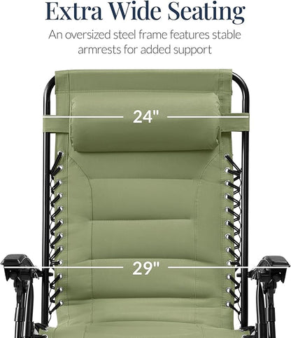 Best Choice Products Oversized Padded Zero Gravity Chair, Folding Outdoor Patio Recliner, XL Anti Gravity Lounger for Backyard w/Headrest, Cup Holder, Side Tray, Polyester Mesh - Sage Green