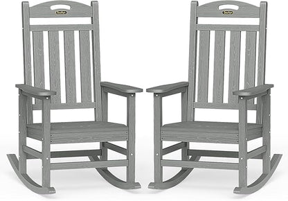 Oversized Outdoor Rocking Chairs Set of 2, High Back Porch Rocker Chair, HDPE Rocking Chairs for Patio, Living Room, Light Grey