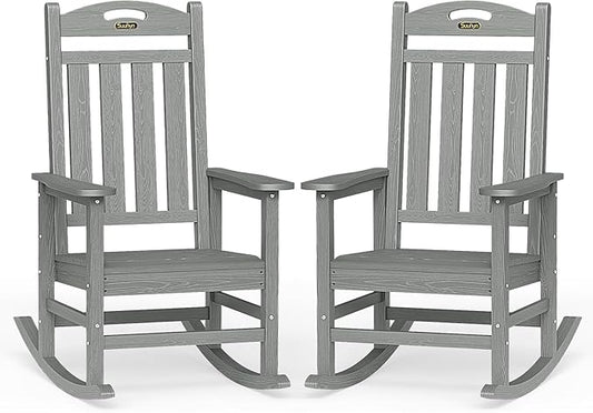 Oversized Outdoor Rocking Chairs Set of 2, High Back Porch Rocker Chair, HDPE Rocking Chairs for Patio, Living Room, Light Grey