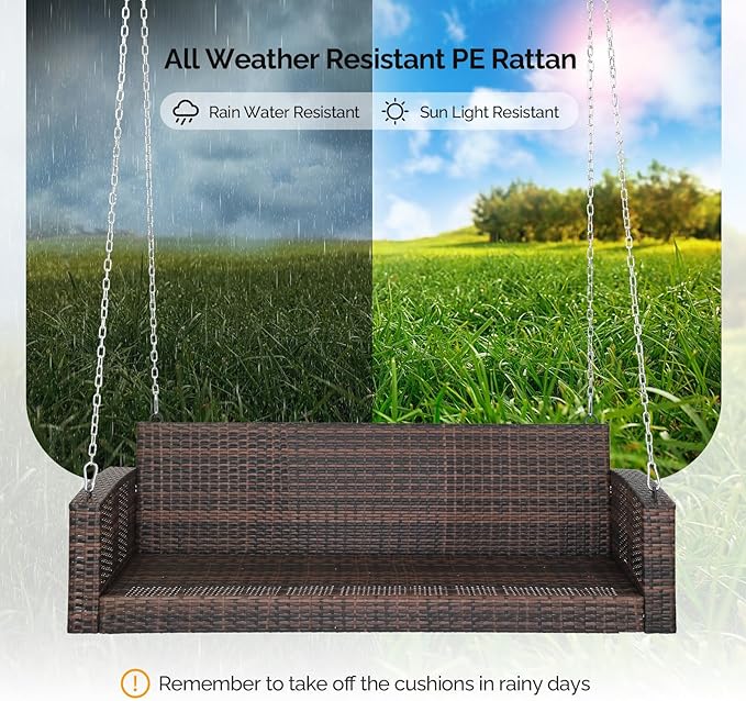 5FT Wicker Porch Swing for 3 Person, 1000lb Capacity Outdoor Hanging Bench with 3 Removable Cushions - Photo 5
