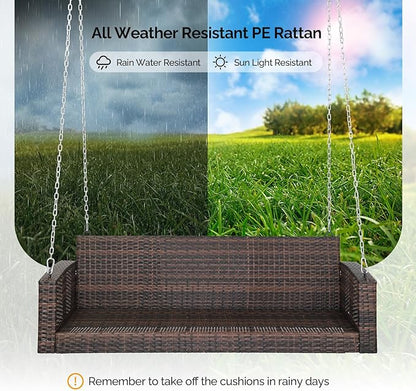 5FT Wicker Porch Swing for 3 Person, 1000lb Capacity Outdoor Hanging Bench with 3 Removable Cushions, Handwoven Weather-Resistant PE Rattan for Patio, Garden & Backyard