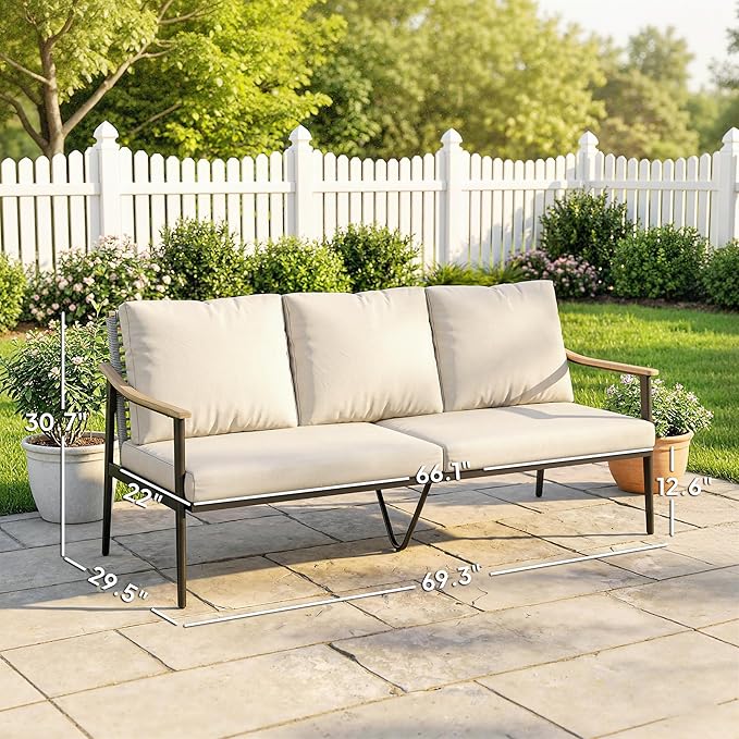 Outsunny Outdoor Patio Couch, 3 Seater Outdoor Sofa with Wood-Effect Armrests and Wicker Backrest, Outdoor Patio Furniture Couch with Cushions, Steel Frame for Porch, Garden, Backyard, Khaki | Removable covers