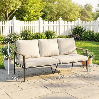 Outsunny Outdoor Patio Couch, 3 Seater Outdoor Sofa with Wood-Effect Armrests and Wicker Backrest, Outdoor Patio Furniture Couch with Cushions, Steel Frame for Porch, Garden, Backyard, Khaki | Removable covers