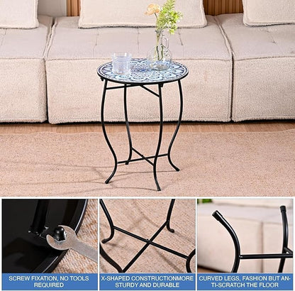 Round Side Table, 14” Patio Accent Weather Resistant Metal Side Table for Livingroom Patio Balcony Yard Porch Garden, Indoor Outdoor Small Plant Stand