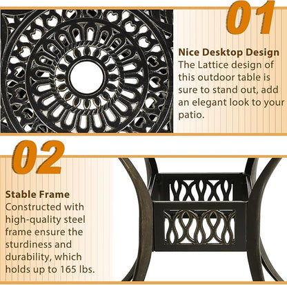Outdoor Cast Aluminum Patio Table, 35.4” Round Bistro Table with 2” Umbrella Hole for Patio Furniture Garden Deck Backyard