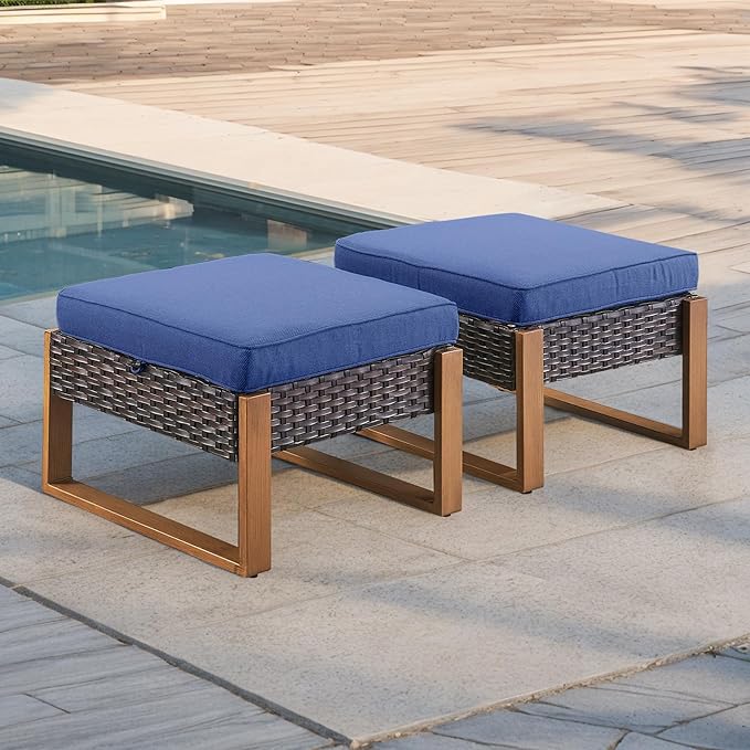 Rilyson Outdoor Ottoman Wicker Patio Footrest - 2 Piece Wicker Footrest Footstools Set with Sturdy Frame - Photo 6
