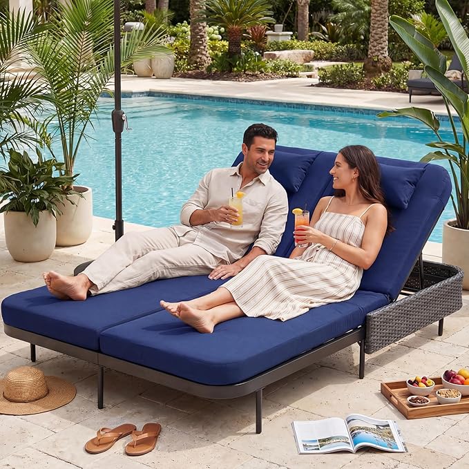 RADIATA 51.2" Outdoor Loveseat Sofa Bed, PE Wicker Patio Daybed with 2-Person Double Chaise Lounge - Photo 1