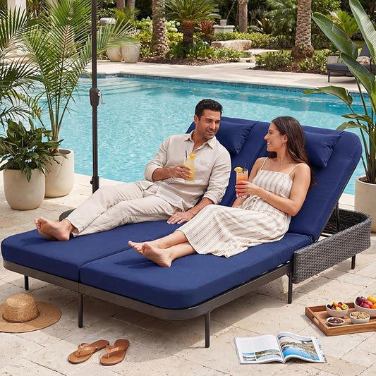 RADIATA 51.2" Outdoor Loveseat Sofa Bed, PE Wicker Patio Daybed with 2-Person Double Chaise Lounge, Independent 5-Position Adjustable Backrest, All-Weather Poolside Furniture