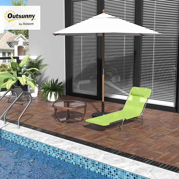 Outsunny Folding Chaise Lounge Pool Chairs, Outdoor Sun Tanning Chairs with Pillow, Reclining Back, Steel Frame & Breathable Mesh for Beach, Yard, Patio, Green