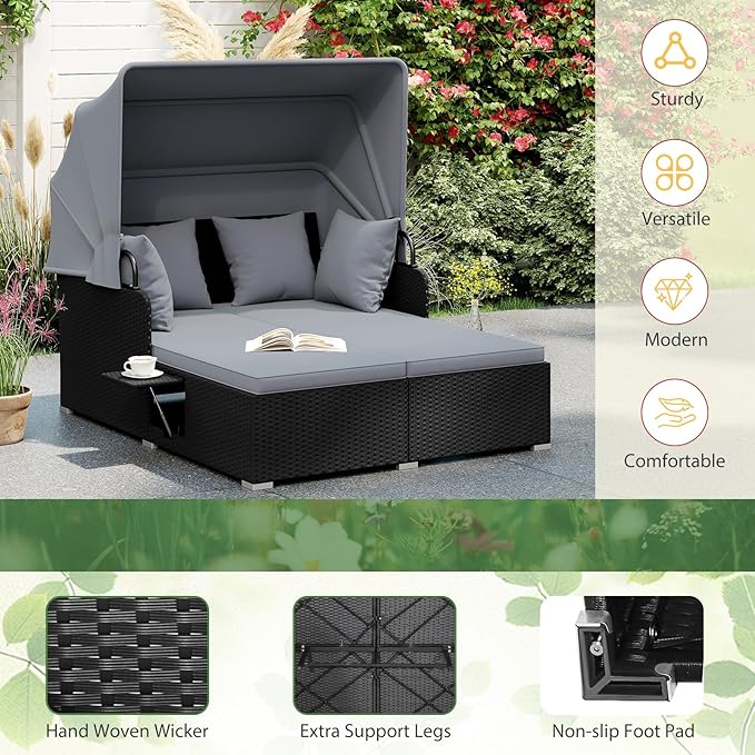 ORALNER Outdoor Daybed, 2-Person Wicker Patio Sofa with Retractable Canopy, Cushions & Pillows, 2 Side Trays - Photo 6
