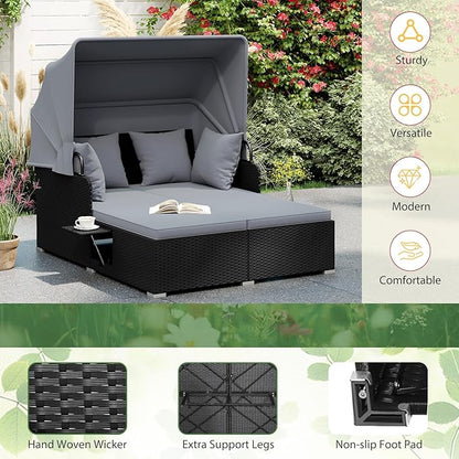 ORALNER Outdoor Daybed, 2-Person Wicker Patio Sofa with Retractable Canopy, Cushions & Pillows, 2 Side Trays, PE Rattan Double Sunbed Lounger for Deck Poolside Backyard Garden Balcony (Gray)