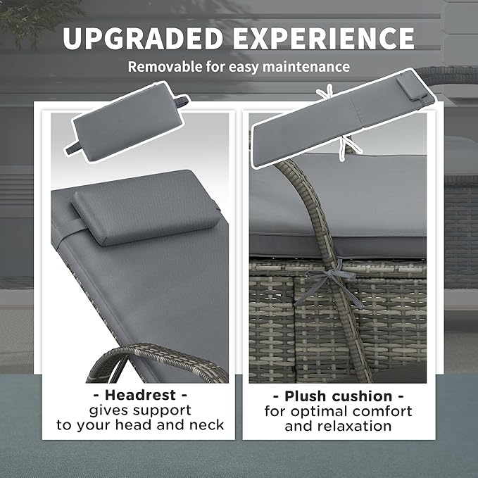 Outsunny Wicker Outdoor Chaise Lounge, 5-Level Adjustable Backrest PE Rattan Pool Lounge Chair with Wheels, Cushion & Headrest, Mixed Gray and Gray