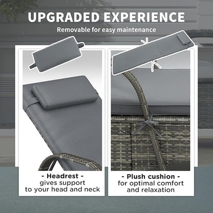 Outsunny Wicker Outdoor Chaise Lounge, 5-Level Adjustable Backrest PE Rattan Pool Lounge Chair with Wheels, Cushion & Headrest, Mixed Gray and Gray