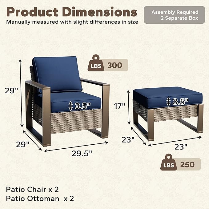Outdoor Wicker Metal Chairs Set of 2 with Two Ottomans - 4 Pieces Patio Bistro Set with Rectangular Framed Wood-Looking - Photo 2
