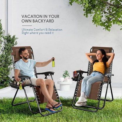 Nestl Zero Gravity Chairs, Portable Patio Lounge Chair Outdoor with Pillows & Cup Holder Trays, Adjustable Steel Mesh Reclining Camping Chair, Folding Patio Lawn Chair for Deck, Beach, Yard - Brown