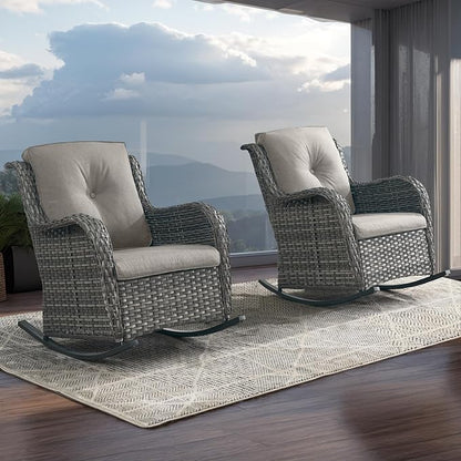 Rilyson Patio Chairs Outdoor Rocking Chair - 2 Piece Wicker Rattan Rocker Chairs Set with High Back and Deep Seating for Porch Deck Garden Backyard(Mixed Grey/Grey)