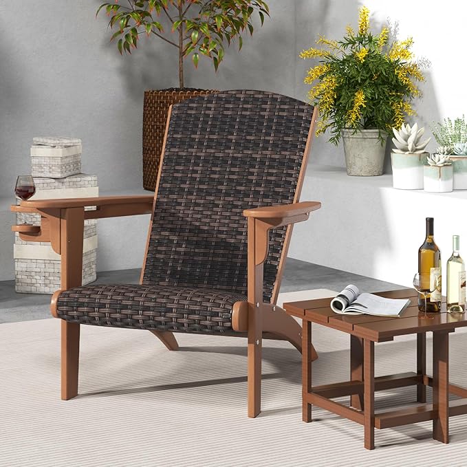 Tangkula Patio Wicker Adirondack Chair, HDPE Lounge Chair w/Rattan Padded Seat & Back, Wide Armrests & Hidden Cupholder, Outdoor All-Weather Adirondack Fire Pit Chair for Backyard, Lawn (1, Coffee)