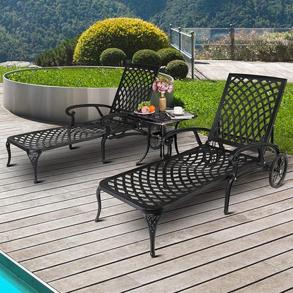 Outvita Lounge Chairs for Outside, Patio Cast Aluminum Recliner with Adjustable Back and Rolling Wheels for Backyard Porch Pool Balcony Deck (Black)
