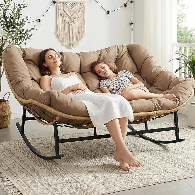 RADIATA Double Rocking Chair, Oversized Egg Rocking Chairs for 2 Person, Large Wide Papasan Loveseat with Cushion and Frame, Comfort Outdoor Furniture for Reading/Relaxing Patio Garden Backyard Brown